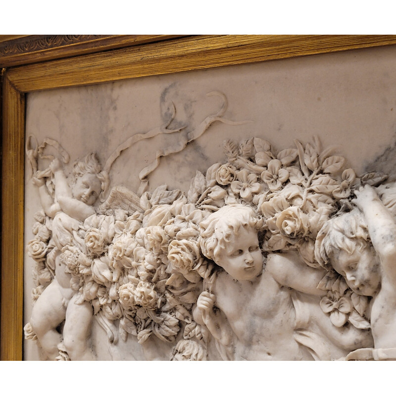 Relief vintage en marbre "Putti, guirlandes et fleurs" de François Duquesnoy, France 1892