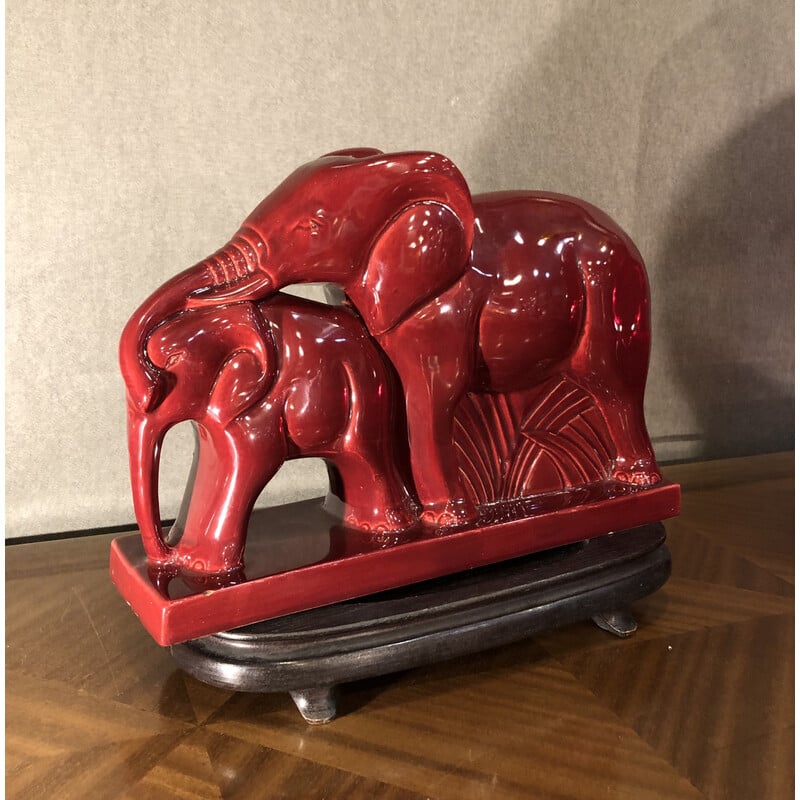 Sculpture Art Déco vintage "Couple d'éléphants" par Charles Lemanceau, France 1930