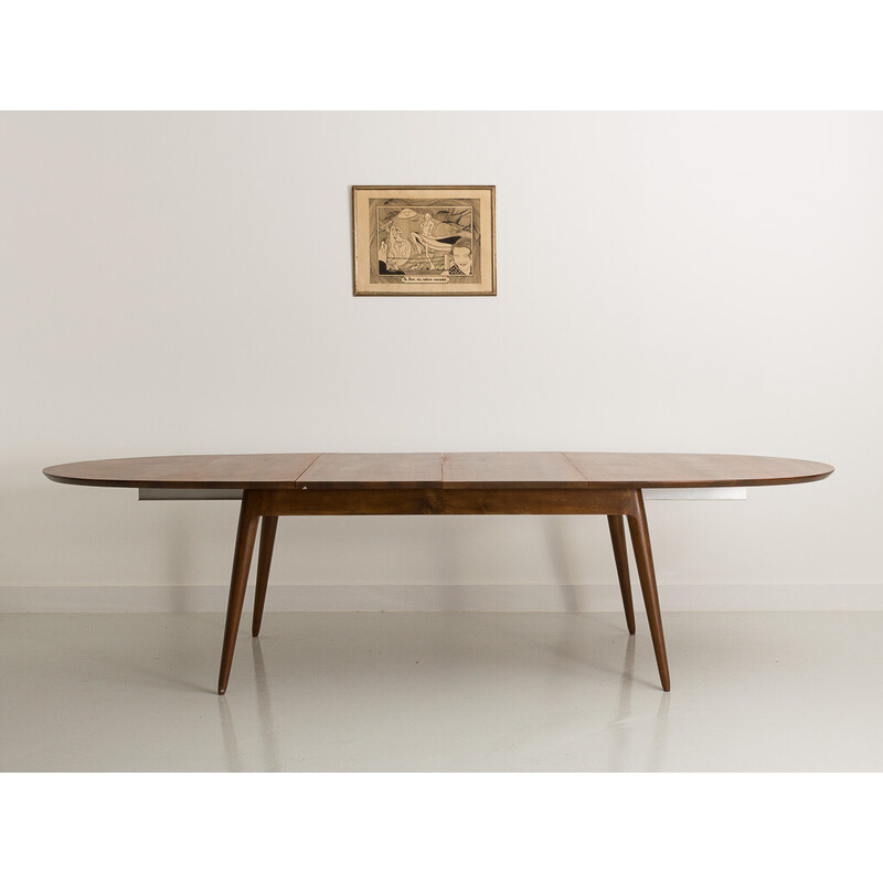 Op maat gemaakte vintage tafel in massief notenhout met 4 verlengstukken