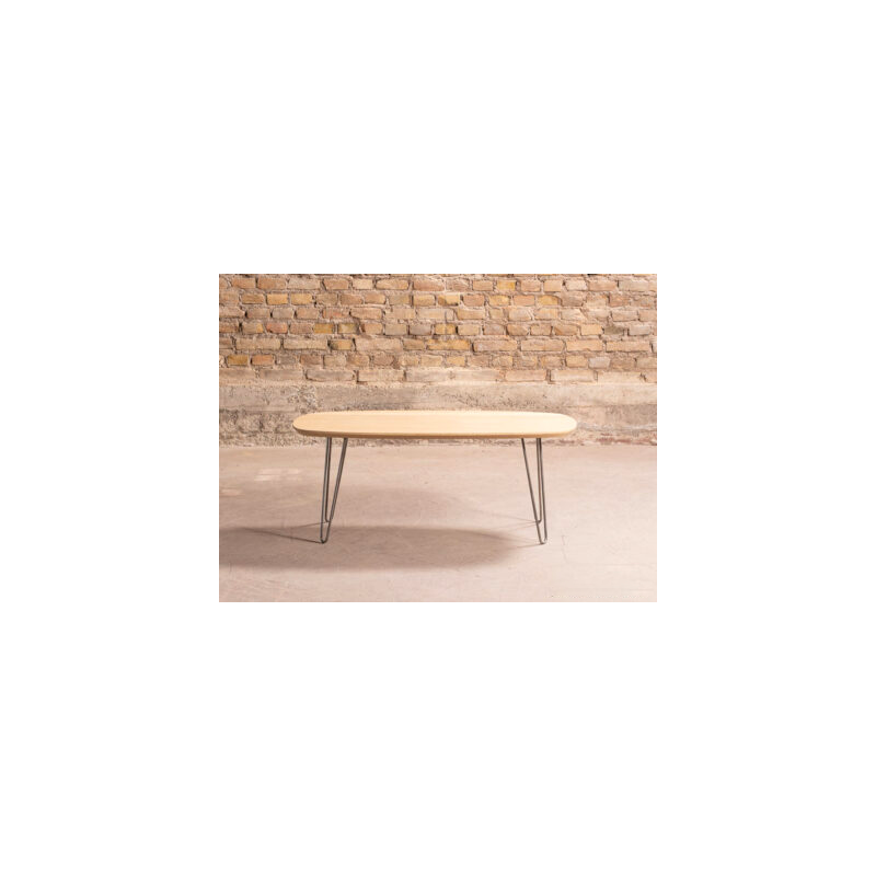 Vintage coffee table in solid oak and steel, France