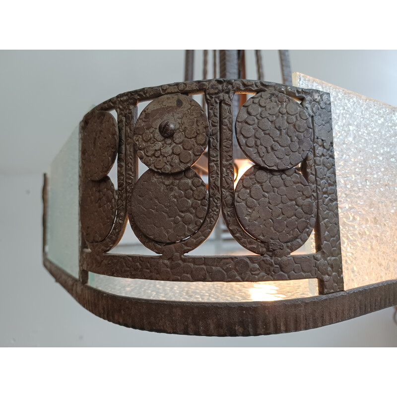 Vintage Art Deco pendant lamp in opaque glass and wrought iron