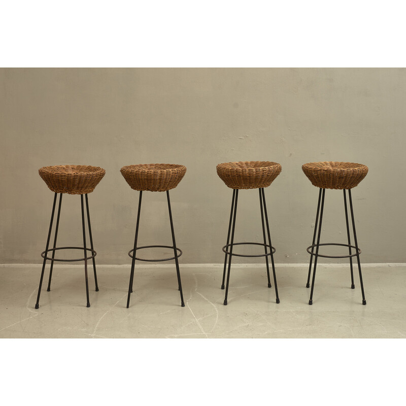 Lot de 4 tabourets de bar vintage en rotin, Italie 1950