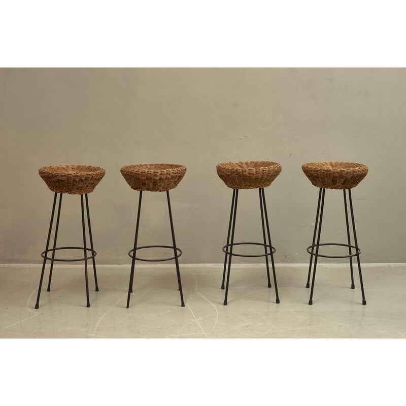 Set of 4 vintage rattan bar stools, Italy 1950s