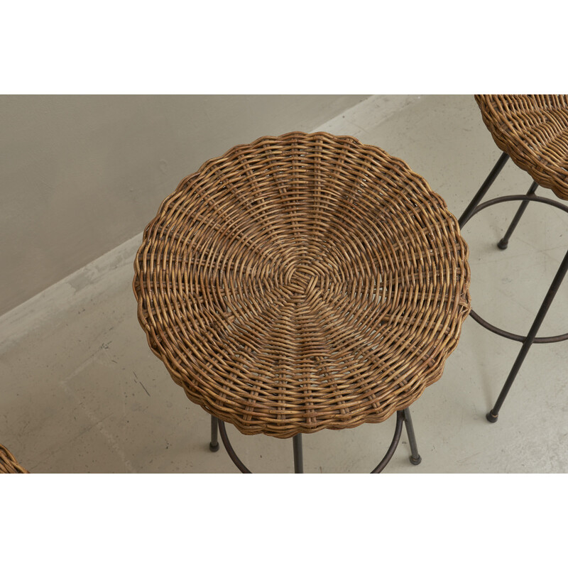 Conjunto de 4 bancos de bar rattan vintage, Itália 1950