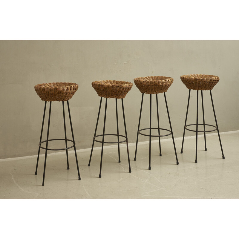 Set of 4 vintage rattan bar stools, Italy 1950s