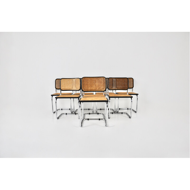Ensemble de 8 chaises noires vintage en métal, bois et rotin par Marcel Breuer