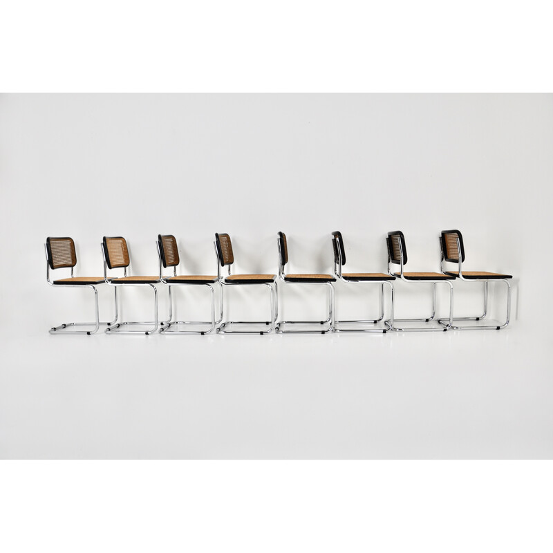 Ensemble de 8 chaises noires vintage en métal, bois et rotin par Marcel Breuer