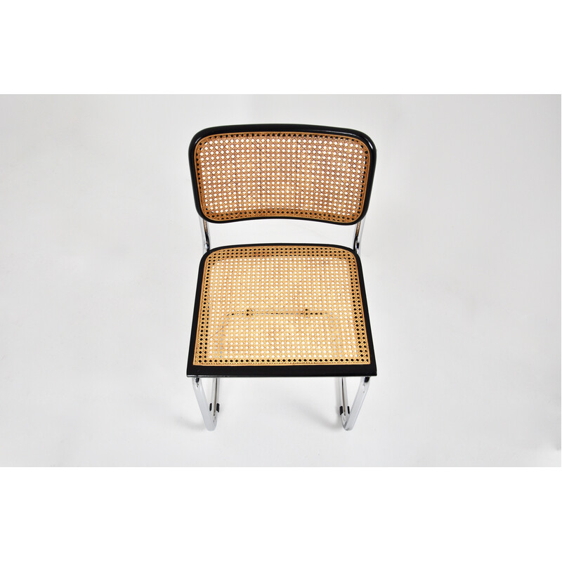 Conjunto de 8 sillas vintage negras de metal, madera y ratán de Marcel Breuer