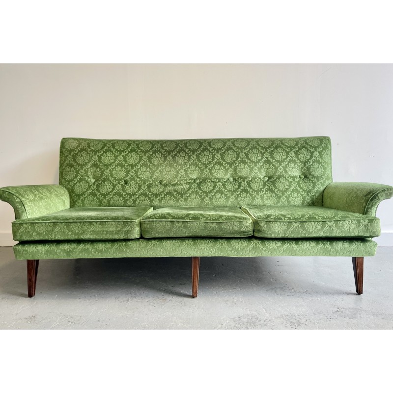 Sofá vintage de 3 plazas en terciopelo verde, años 50