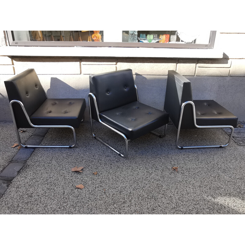 Set van 3 vintage zwarte skai en chromen fauteuils, 1970