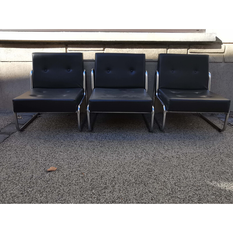 Set of 3 vintage black skai and chrome armchairs, 1970