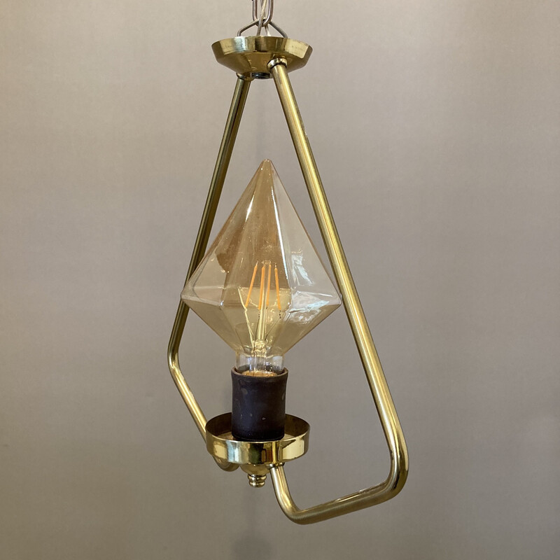 Lámpara de suspensión vintage escandinava de metal y cristal, 1950