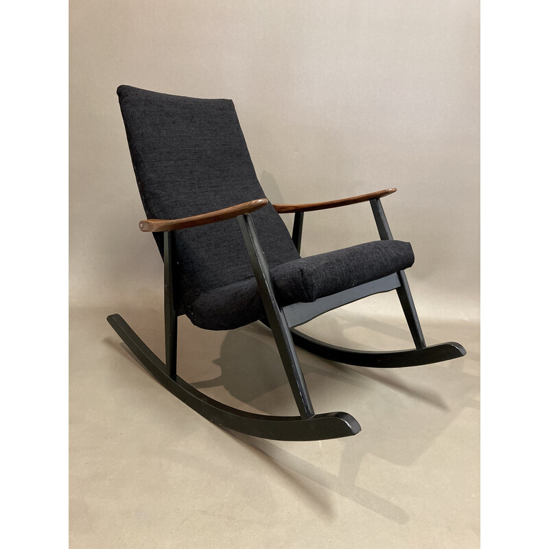 Vintage Scandinavian teak and velvet rocking chair, 1950s