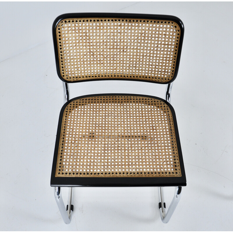 Ensemble de 4 chaises noires vintage en métal, bois et rotin par Marcel Breuer