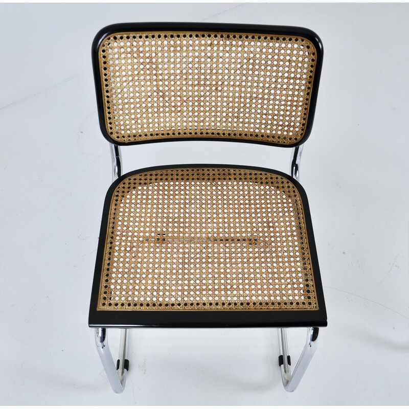 Set of 4 vintage black chairs in metal, wood and rattan by Marcel Breuer