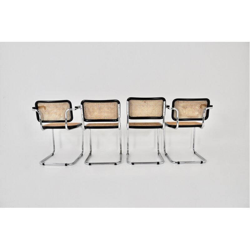 Set di 4 sedie vintage nere in metallo, legno e rattan di Marcel Breuer