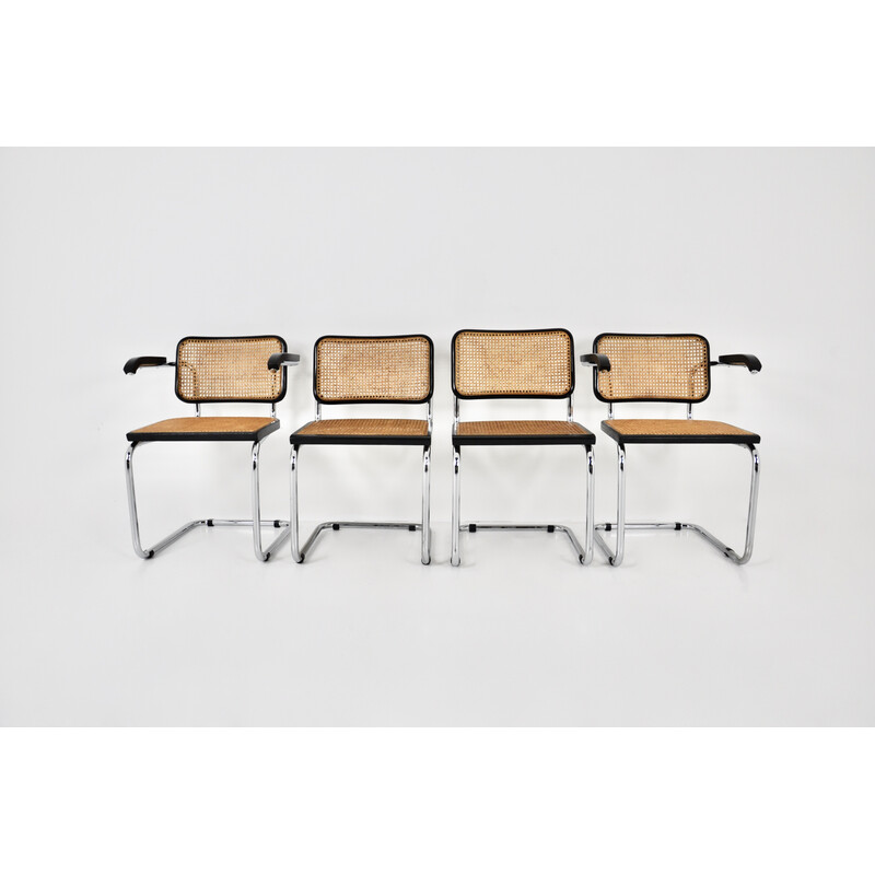 Set of 4 vintage black chairs in metal, wood and rattan by Marcel Breuer