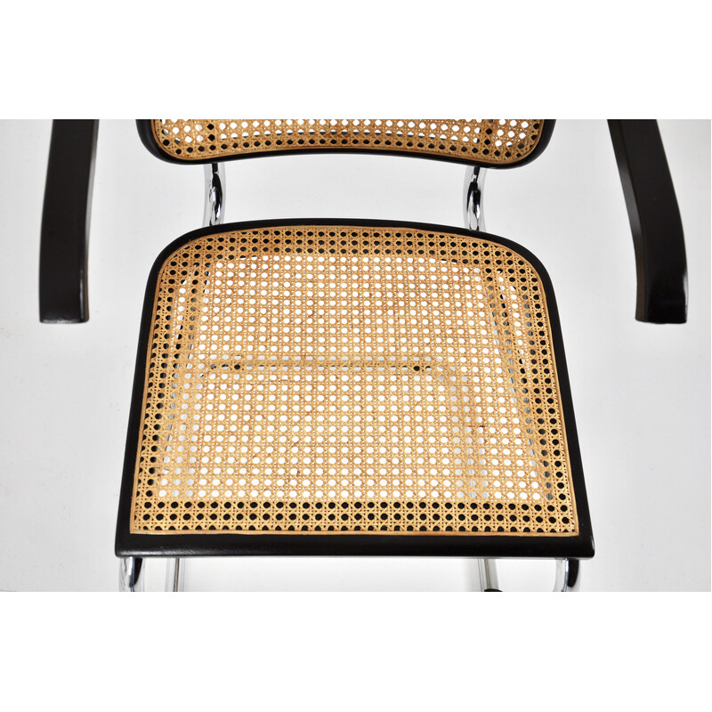 Conjunto de 4 cadeiras pretas vintage em metal, madeira e rotim de Marcel Breuer