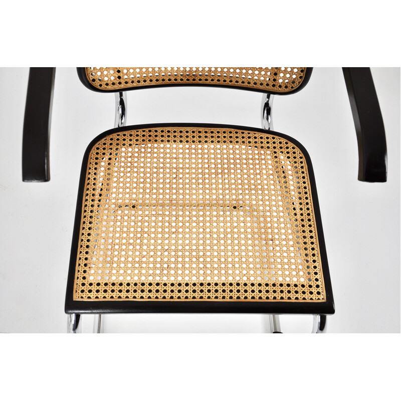 Set of 4 vintage black chairs in metal, wood and rattan by Marcel Breuer