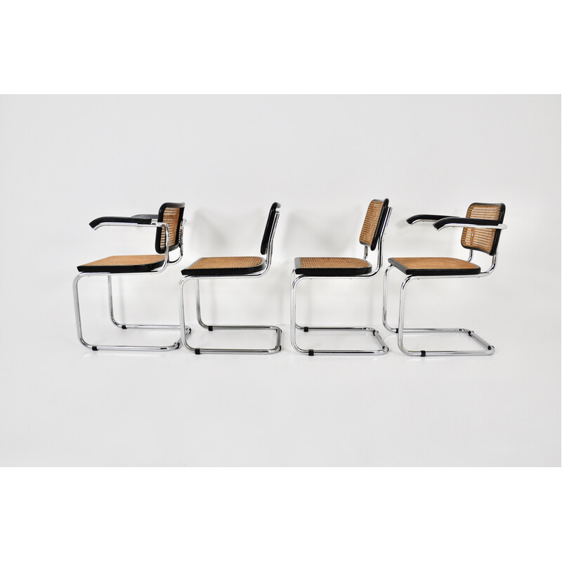 Set of 4 vintage black chairs in metal, wood and rattan by Marcel Breuer