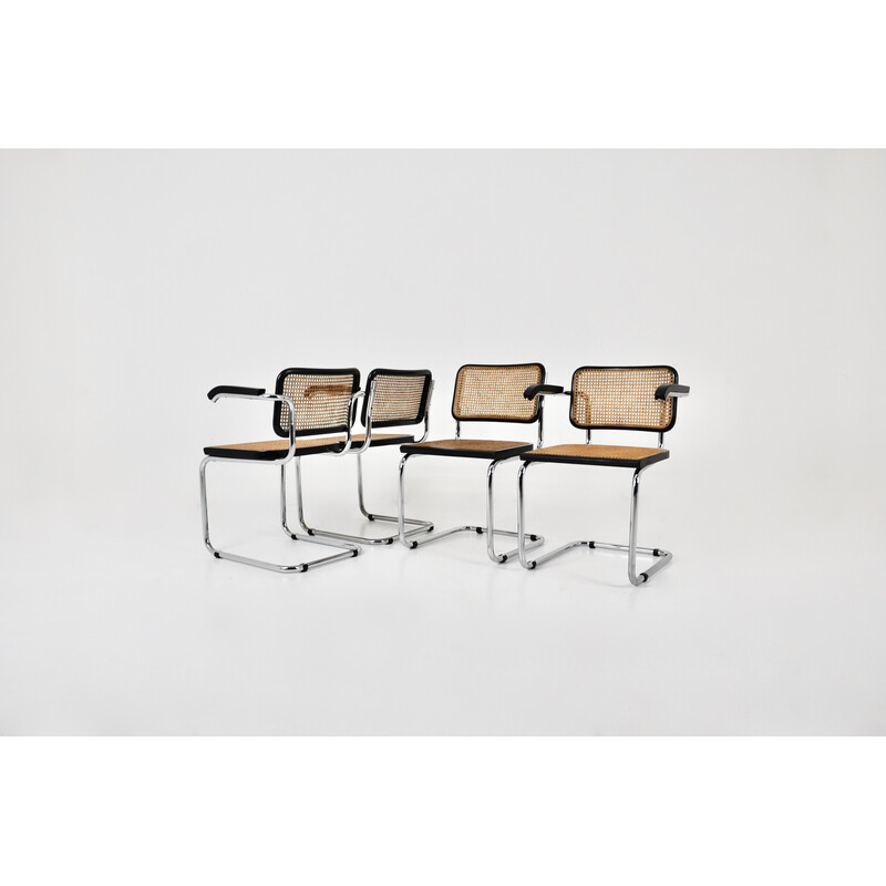 Set of 4 vintage black chairs in metal, wood and rattan by Marcel Breuer