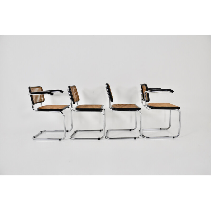 Ensemble de 4 chaises noires vintage en métal, bois et rotin par Marcel Breuer