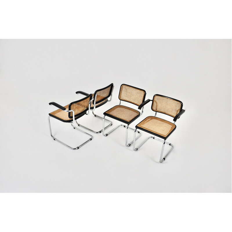 Ensemble de 4 chaises noires vintage en métal, bois et rotin par Marcel Breuer