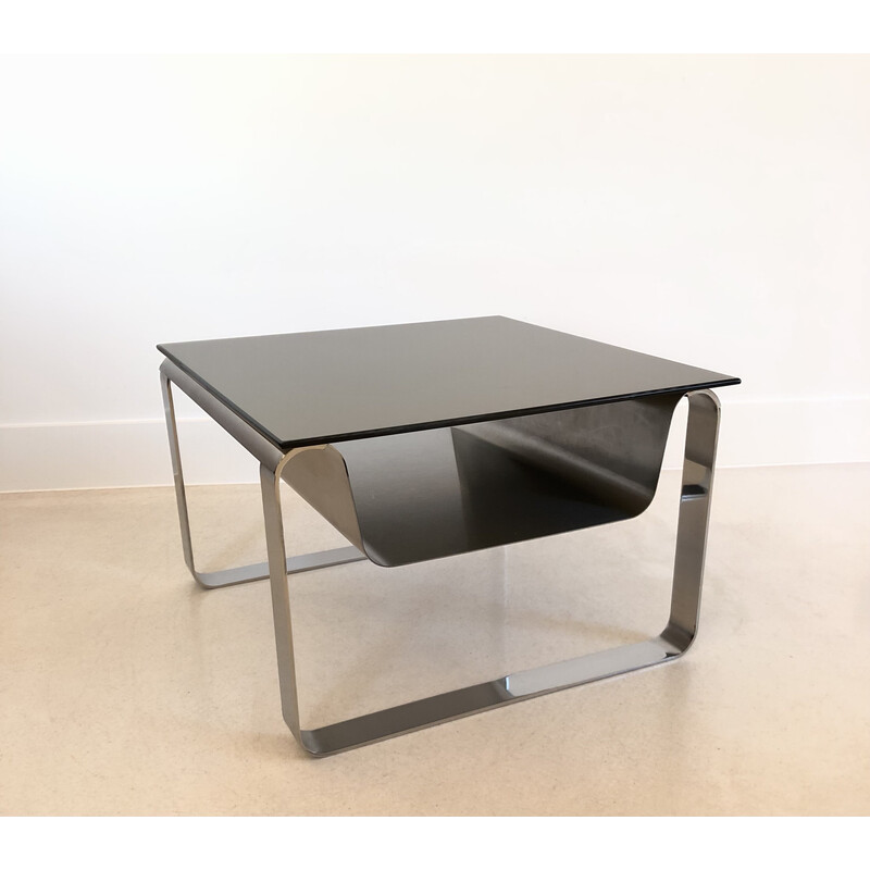 Vintage side table with magazine rack in stainless steel and mirror glass, France 1970