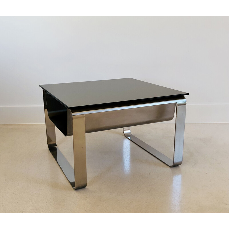 Vintage side table with magazine rack in stainless steel and mirror glass, France 1970