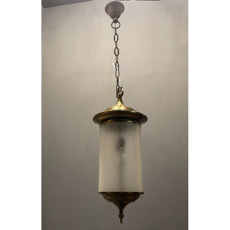 Lampada a sospensione vintage in vetro e bronzo, anni '60