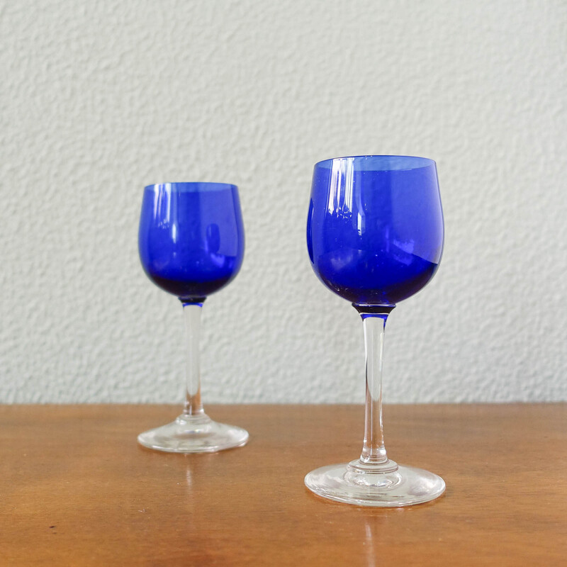 Vintage bottle with 2 glasses in cobalt blue by Marinha Grande, Portugal 1950s