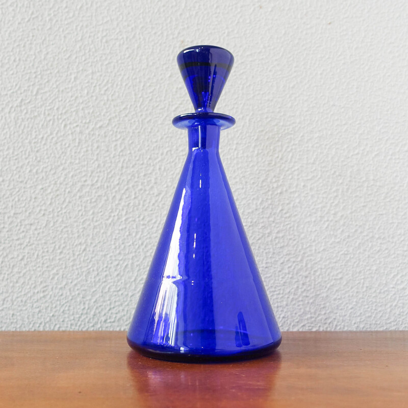 Vintage bottle with 2 glasses in cobalt blue by Marinha Grande, Portugal 1950s