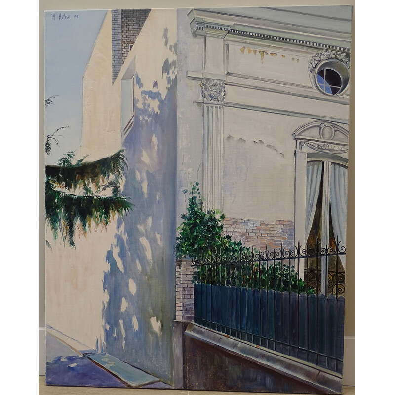Paar oude schilderijen "uitzicht op stadswoningen" door Jean Yves Herbin, Frankrijk