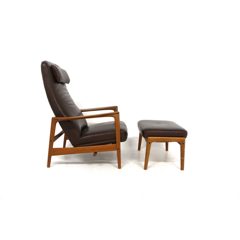 Vintage armchair with ottoman in teak and leather by Folke Ohlsson for Dux, Sweden 1960s