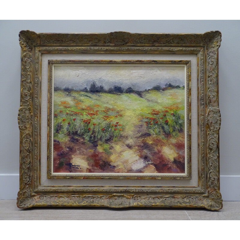 Vintage-Gemälde "Landschaft mit Mohnblumen".