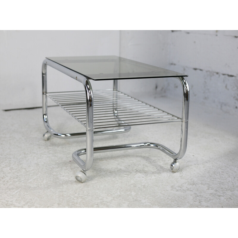 Vintage "Space Age" coffee table in tubular steel and smoked glass, France 1970