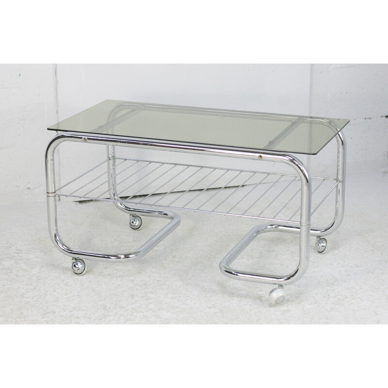 Vintage "Space Age" coffee table in tubular steel and smoked glass, France 1970