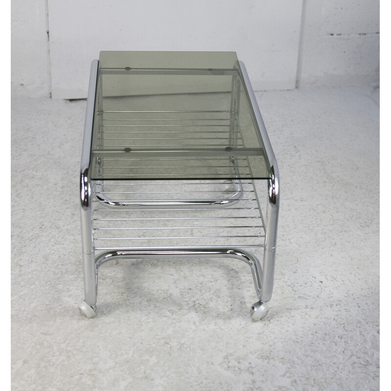 Vintage "Space Age" coffee table in tubular steel and smoked glass, France 1970