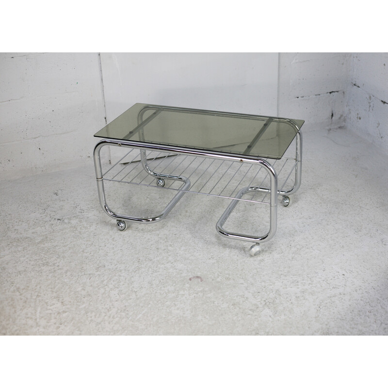 Vintage "Space Age" coffee table in tubular steel and smoked glass, France 1970