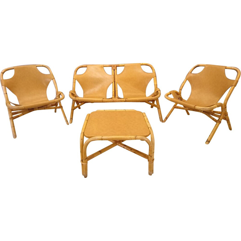 Ensemble de salon canapé, fauteuils et table en simili cuir et rotin - 1970