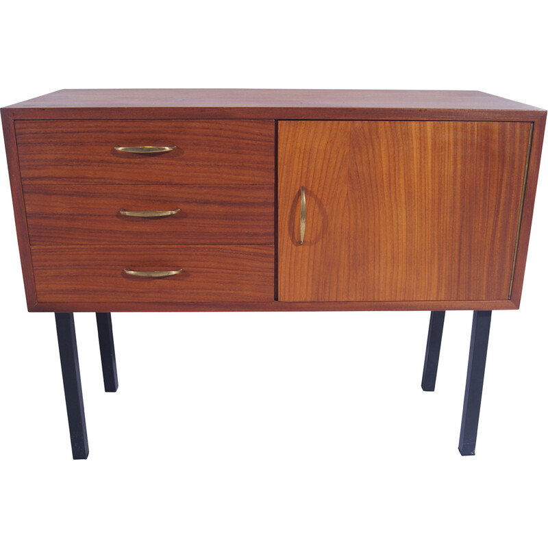 Vintage teak chest of drawers on black metal feet