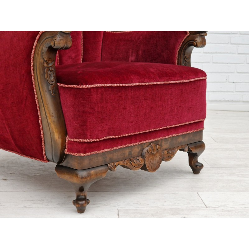 Pair of vintage Danish armchairs in red-cherry velour, 1930s