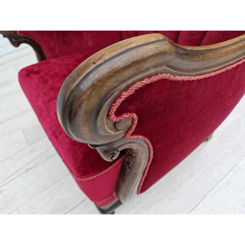 Pair of vintage Danish armchairs in red-cherry velour, 1930s