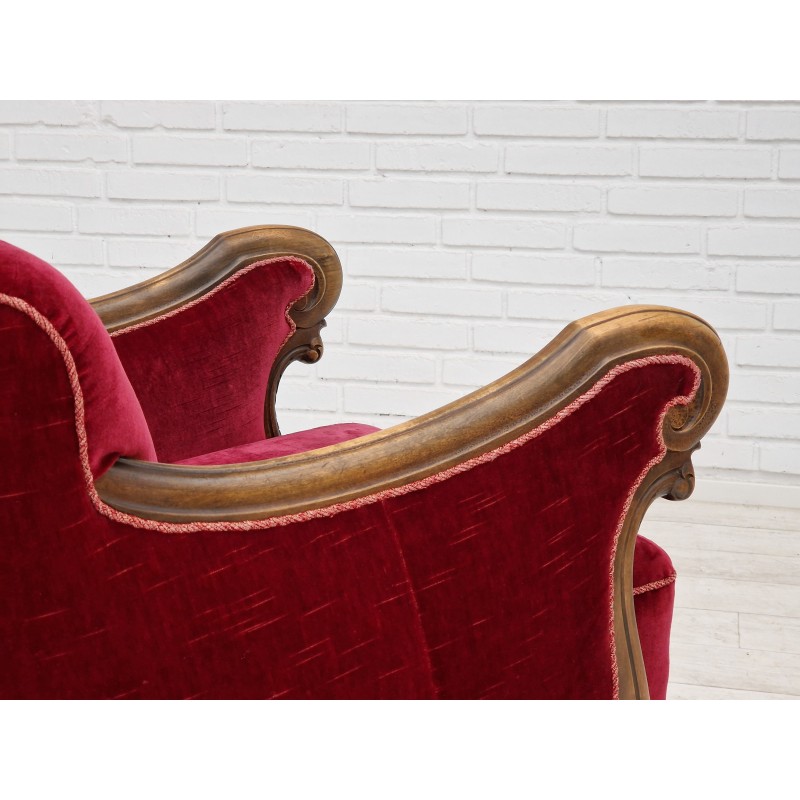 Pair of vintage Danish armchairs in red-cherry velour, 1930s