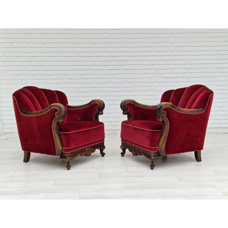 Pair of vintage Danish armchairs in red-cherry velour, 1930s