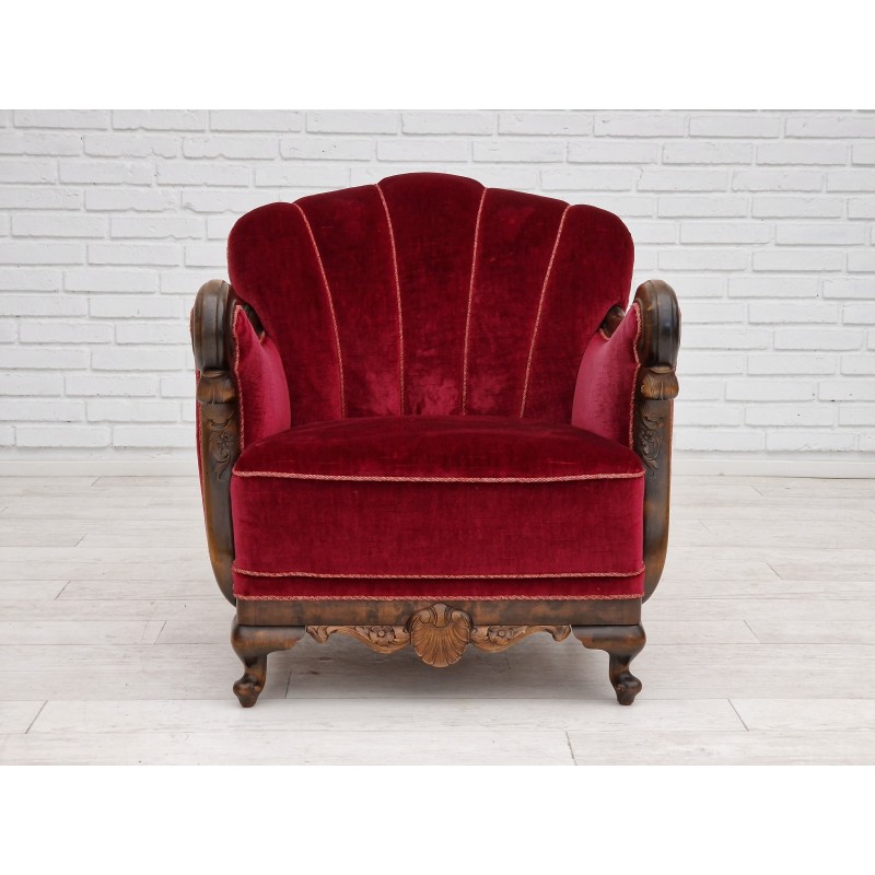 Pair of vintage Danish armchairs in red-cherry velour, 1930s