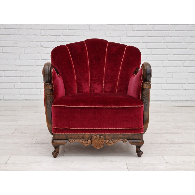 Paire de fauteuils danois vintage en velours rouge-cerise, 1930
