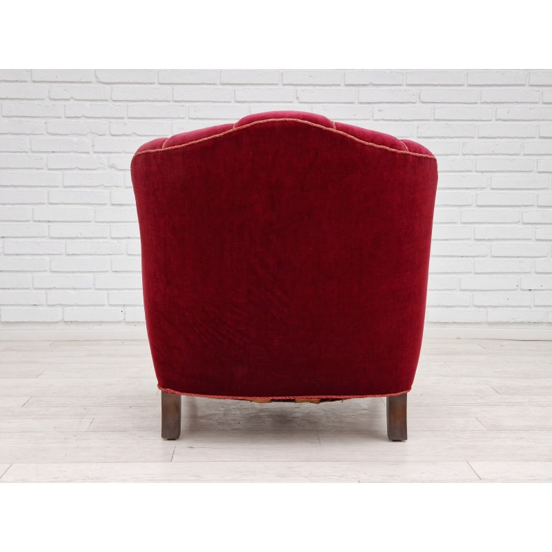 Pair of vintage Danish armchairs in red-cherry velour, 1930s