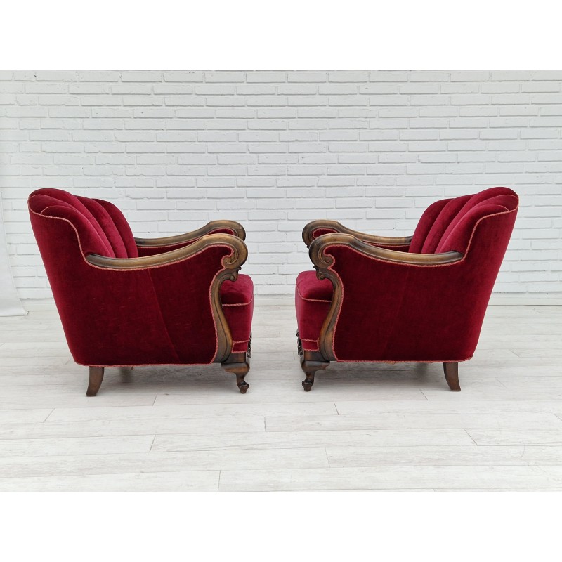 Paar dänische Sessel aus kirschrotem Velours, 1930er Jahre