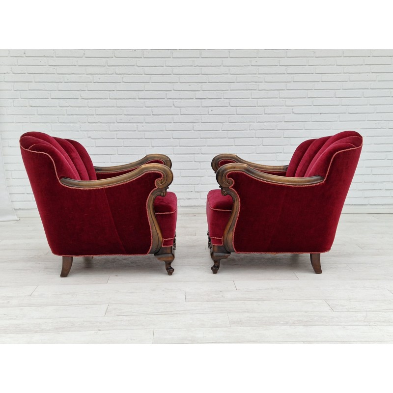 Pair of vintage Danish armchairs in red-cherry velour, 1930s